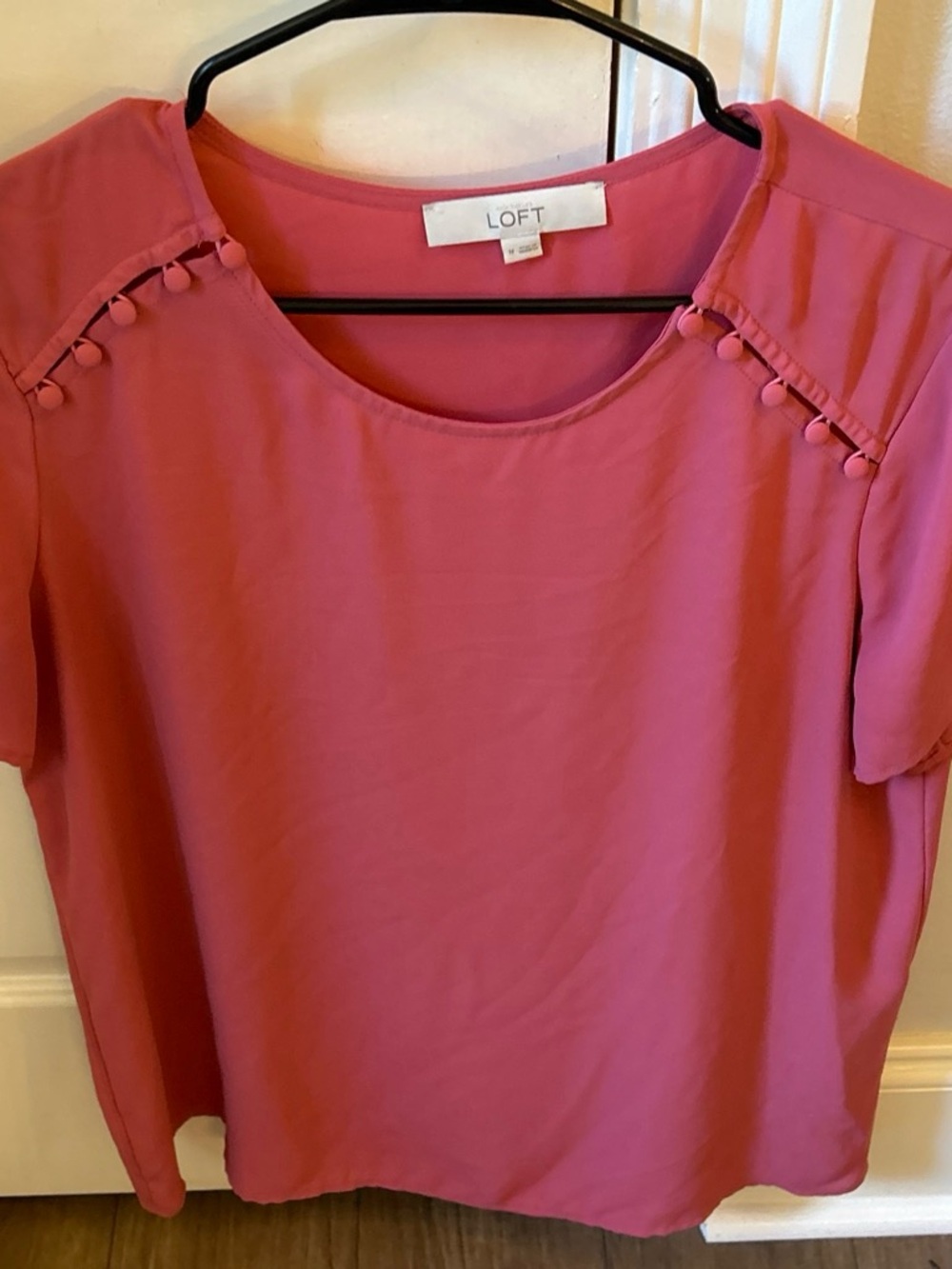LOFT Pink Short Sleeve Blouse with Pom Trim